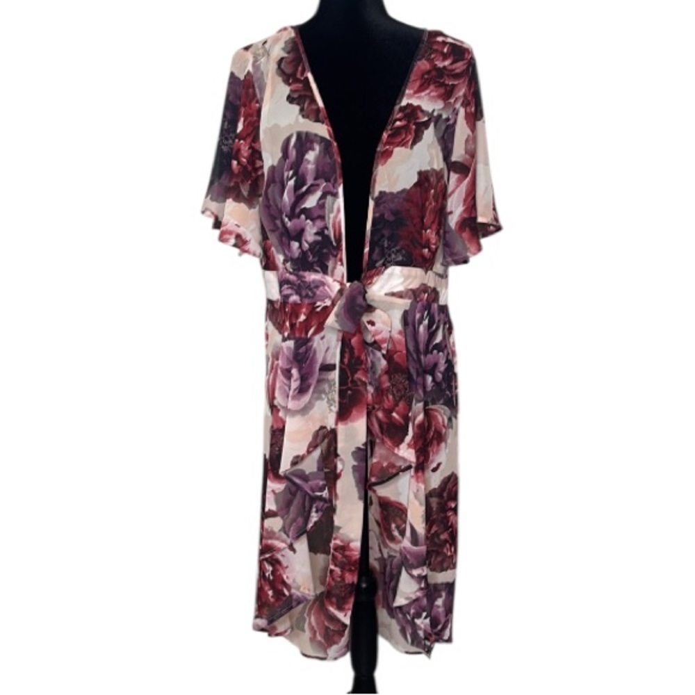 Live 4 Truth - Floral Kimono Top - Red and Purple with Tie Front - 1X